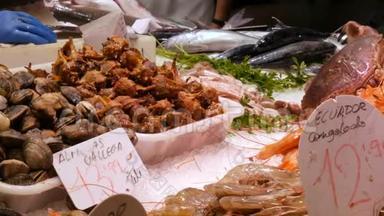 西班牙巴塞隆纳波奎利亚鱼市海鲜螃蟹龙虾鱿鱼虾小龙虾牡蛎贻贝贝壳